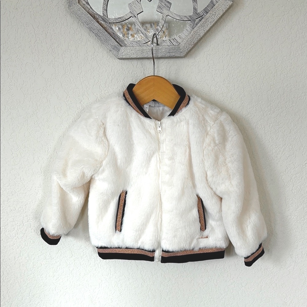 Tahari • White Plush Faux Fur Soft Cozy Puffer Jacket with Gold + Black Trim